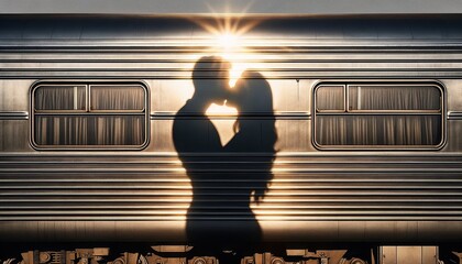 couple silhouette embraces beside a train, capturing a moment of love at sunset