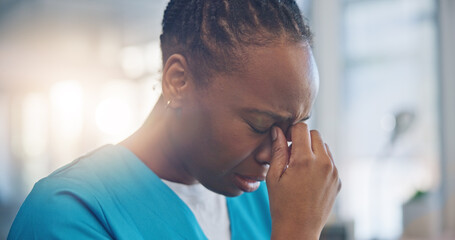 Black woman, nurse and crying, sad and mental health with depression, help and psychology with stress at work. Fatigue, healthcare and burnout with mistake, fail with reaction to news and overwhelmed - obrazy, fototapety, plakaty