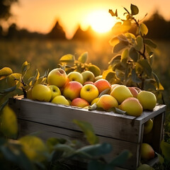Yellow apples harvested in a wooden box in apple orchard with sunset. Natural organic fruit abundance. Agriculture, healthy and natural food concept.