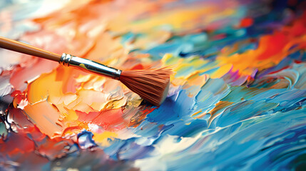 Fototapeta premium An extreme close-up of a painter’s brush as it glides across the canvas, blending vibrant colors to create the illusion of light in an impressionistic landscape painting