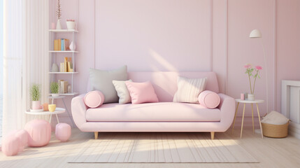 Fototapeta na wymiar Pastel girly room with simple sofa with decorative pillows. generative ai