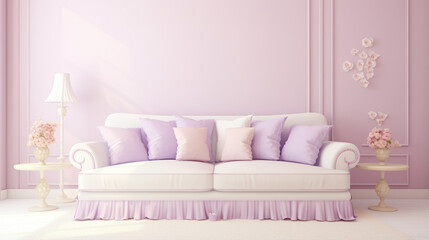 Pastel girly room with simple sofa with decorative pillows. generative ai