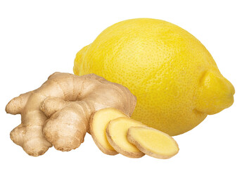 Ginger and lemon isolated on white or transparent background. Natural remedy for cold and cough