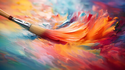 Obraz premium An extreme close-up of a painter’s brush as it glides across the canvas, blending vibrant colors to create the illusion of light in an impressionistic landscape painting
