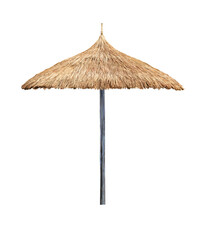Single beach umbrella parasol made of coconut leaf isolated on white background for beach design concept - obrazy, fototapety, plakaty