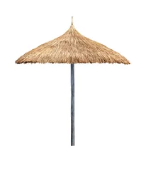 Fotobehang Single beach umbrella parasol made of coconut leaf isolated on white background for beach design concept © Akarawut