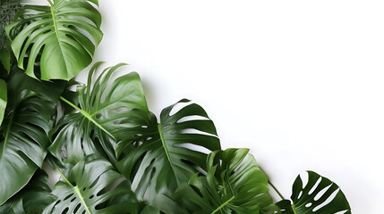 Creative arrangement of tropical monstera leaves against white abstract wall background - obrazy, fototapety, plakaty
