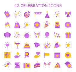 A collection of 42 unique celebration-themed vector icons, capturing the essence of the holidays. Perfect for event invitations, greeting cards and holiday graphics. Flat vector illustration.