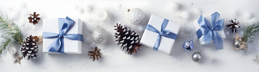 Fototapeta na wymiar Christmas gifts with blue ribbon, pine cones, spruce and fir branches and decorations in a row on white snowy abstract background. Horizontal composition, flat lay, top view.