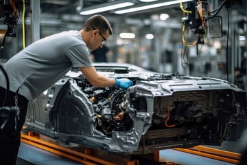 Engineer Works On Car Assembly Line In Factory