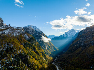 Drone panoramic sunset in the Alps HDR
