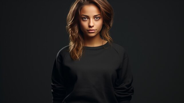 Shirt model of a young woman wearing a black sweatshirt. a sale advertising concept