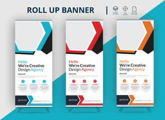 oll up banner stand template design, blue banner layout, advertisement, pull up, polygon background, vector illustration, 
