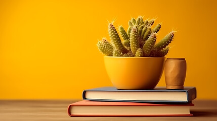 Cactus in a pot Closeup in the orange background
