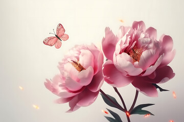 Obraz na płótnie Canvas Beautiful pink peony flowers flying on light background
