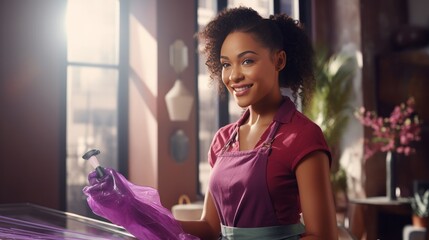 Beautiful African young woman is cleaning a luxury apartment, cleaning concept - obrazy, fototapety, plakaty