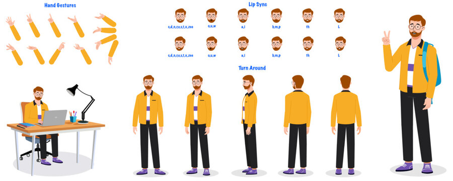 A manager modelsheet. manager turn around sheet, hand gestures, lip sync