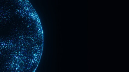 Glowing blue particles shape cosmic globe ball. Abstract 3d sci-fi sphere on black backdrop. Futuristic background 8k 16:9. Hi-tech, cyberspace, big data, Satellite Internet, business connection, 5G - obrazy, fototapety, plakaty