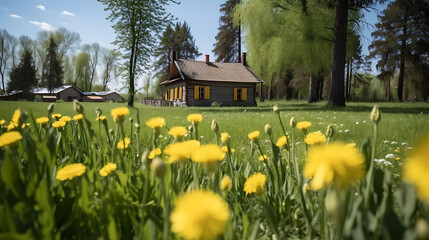 Obraz premium Banner panorama of wild flowers of daisies in a yellow summer field in nature.