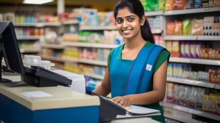 Happy Cashier Working at Supermarket Cash Register