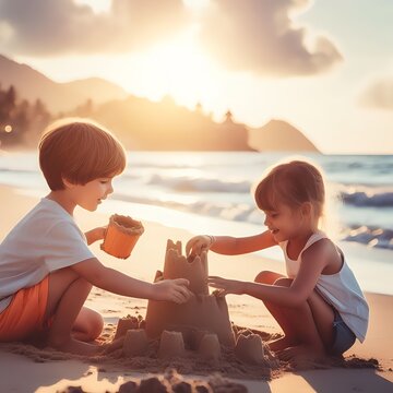 two children building a sand castle on the beach on the left side, sea visible on the other side, sun light, happiness ,lively ,photo realistic, ai generated