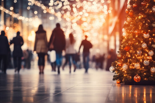 City street decorated for Christmas time. People walking in street, buying presents, preparing for holidays. Abstract blurred defocused image background. Christmas holiday, Xmas shopping, sale