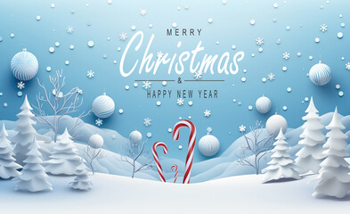 Winter scene of a candy canes fantasy world. Merry Christmas and new year greeting card. Christmas text Calligraphic