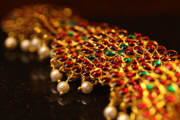 multiple kundan stone, temple jewelry meant to accessories for bharathanatyam dancers - obrazy, fototapety, plakaty