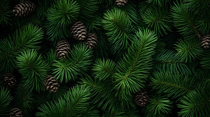 Fir branches and cones green needle abstract background Christmas texture. Horizontal composition.
