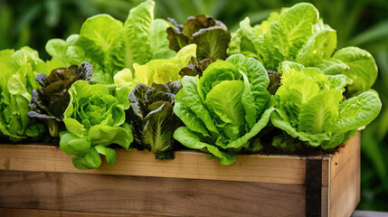  lettuce plants growing in wooden planter box - obrazy, fototapety, plakaty