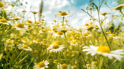 Banner panorama of wild flowers of daisies in a yellow summer field in nature.