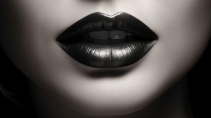 Close-up portrait of female lips. Black and white - obrazy, fototapety, plakaty