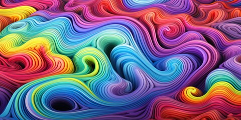 An abstract graphic image with vibrant waves in rich rainbow colors creating a dynamic and psychedelic pattern.