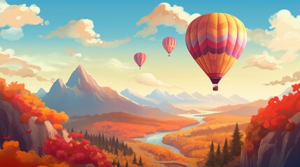 Playful illustration featuring hot air balloons that are flying above the autumn landscape