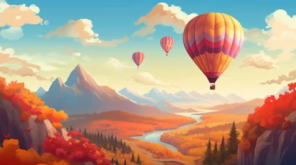 Fotobehang Playful illustration featuring hot air balloons that are flying above the autumn landscape © Constantine M