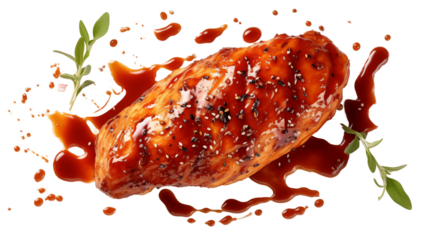 Closeup of a grilled chicken breast with barbecue sauce isolated on transparent background