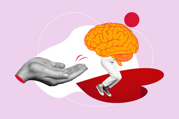 Creative pop artwork collage of two palms together asking answer from woman with absurd huge brain...