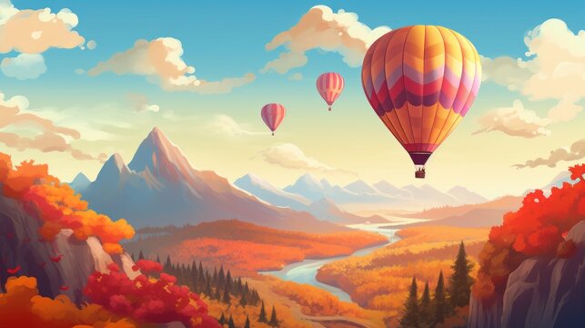 Fototapeta Playful illustration featuring hot air balloons that are flying above the autumn landscape