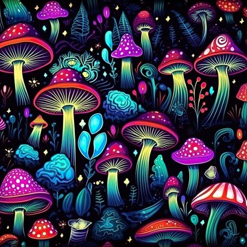 A bright image with a lot of colorful mushrooms on a black background with patterns of different plants, made in the style of fantasy.