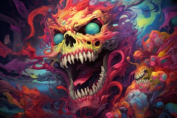 Abstract swirling art with vibrant colors depicting a sinister skull with a fiery mane in a fantasy style.