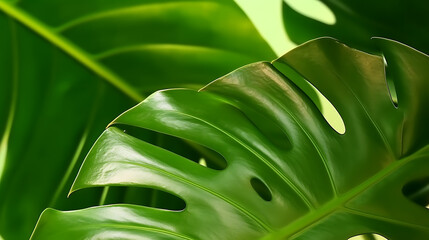 Green tropical leaf Monstera shadow on green background