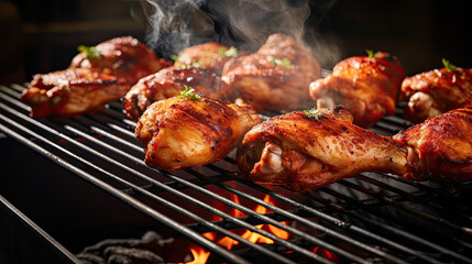 grilled meat on the grill, juicy seasoned chicken drumsticks on a grill 