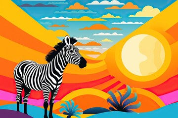 Fototapeta na wymiar Vibrant illustration of a zebra against an abstract, landscape with bright geometric shapes and a stylized sun.