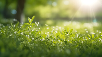 Spring summer nature background with grass, trees branch with green leaves and sun rays