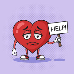 Sad sick cartoon heart asking for help pop art retro hand drawn raster illustration. Comic book style imitation.