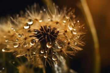 Water drops on dandelion seed macro in nature in yellow and gold tones.