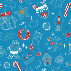 Christmas seamless doodle pattern. The decoration is sewn by hand from jeans, denim. Ball, socks, houses, gingerbread, stick, tree ad other. Christmas Denim Collection