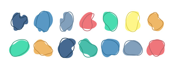 Hand-drawn colored round abstract organic blots of irregular shape. Liquid shapes for decorations. Vector illustration.