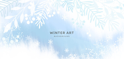 Winter snowy vector background with watercolor texture, white pine branches, berries and snowflakes. Artistic abstract Christmas design for poster, wallpaper, banner, greeting card, advertisement