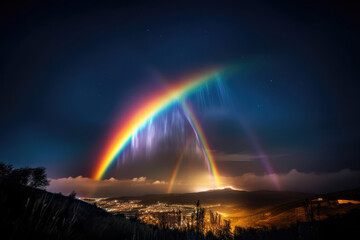 Fantasy landscape view on a city with rainbow
